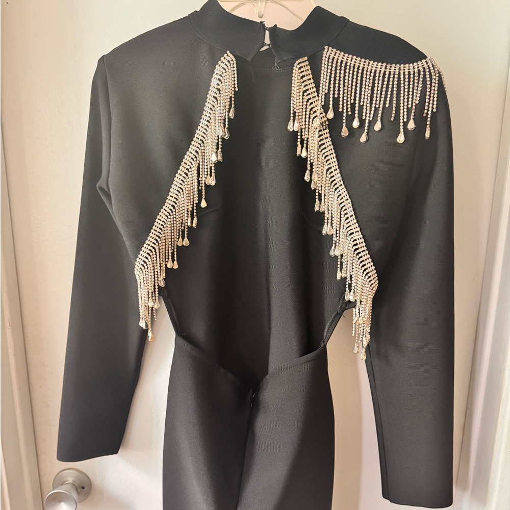Elegant Black Dress with Crystal Fringe